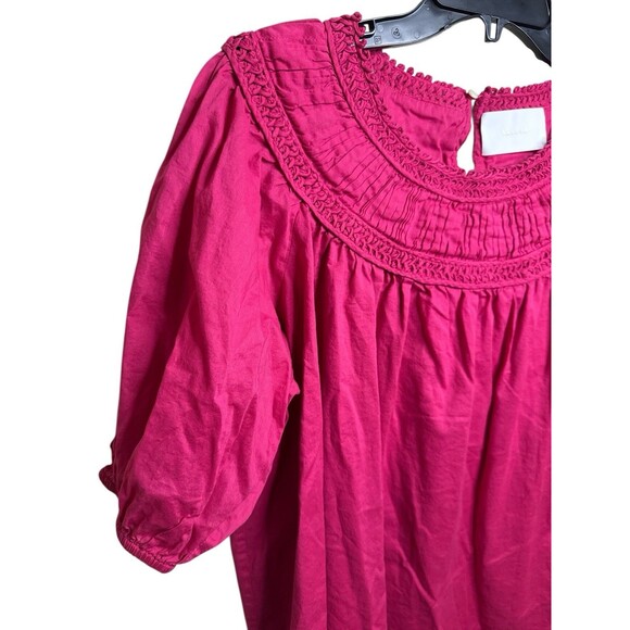 Merlette Marfa Top XS Deep Pink Woven Blouse Smocked Neckline Puff Sleeve Lined - Picture 4 of 10
